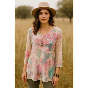 Narture Womens Beige Pink Green  V-Neck 3/4 Sleeve Floral T-Shirt Size Small